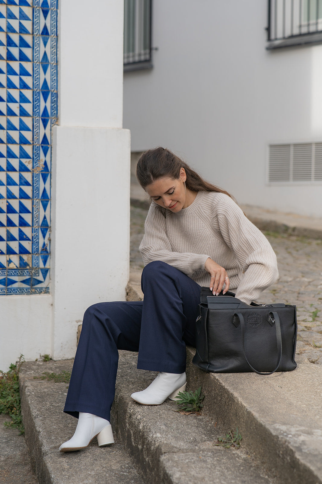 JL tote bag leather - Stone blue