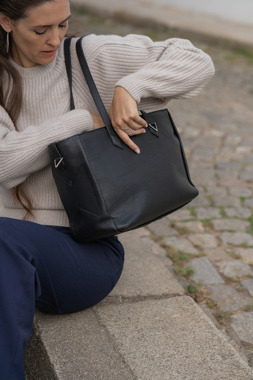 JL tote bag leather - Stone blue